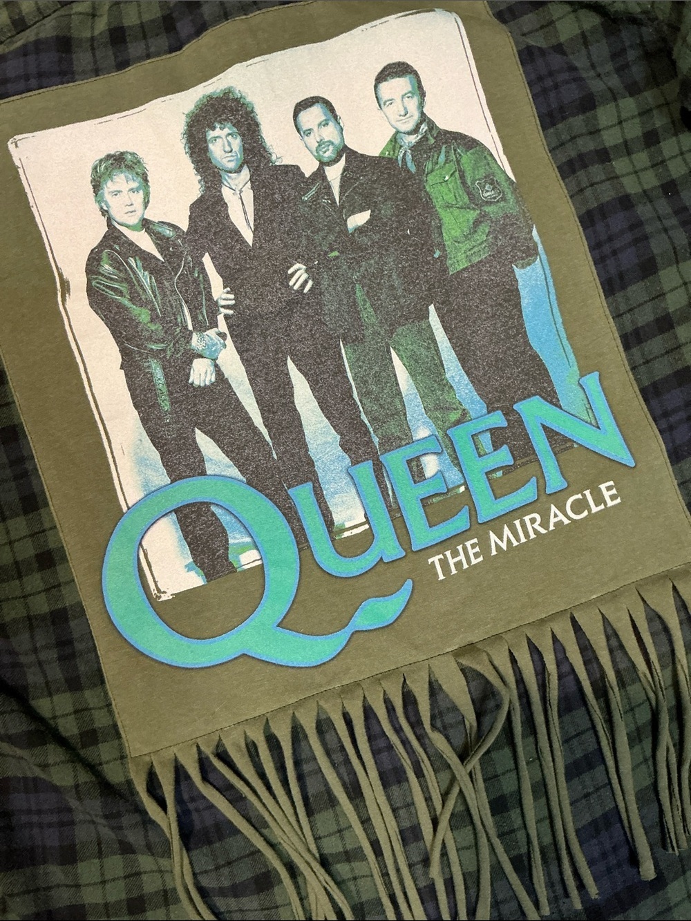 Queen Upcycled Band T Shirt Flannel Freddie Mercury Fringe Grunge - Picture 2 of 10